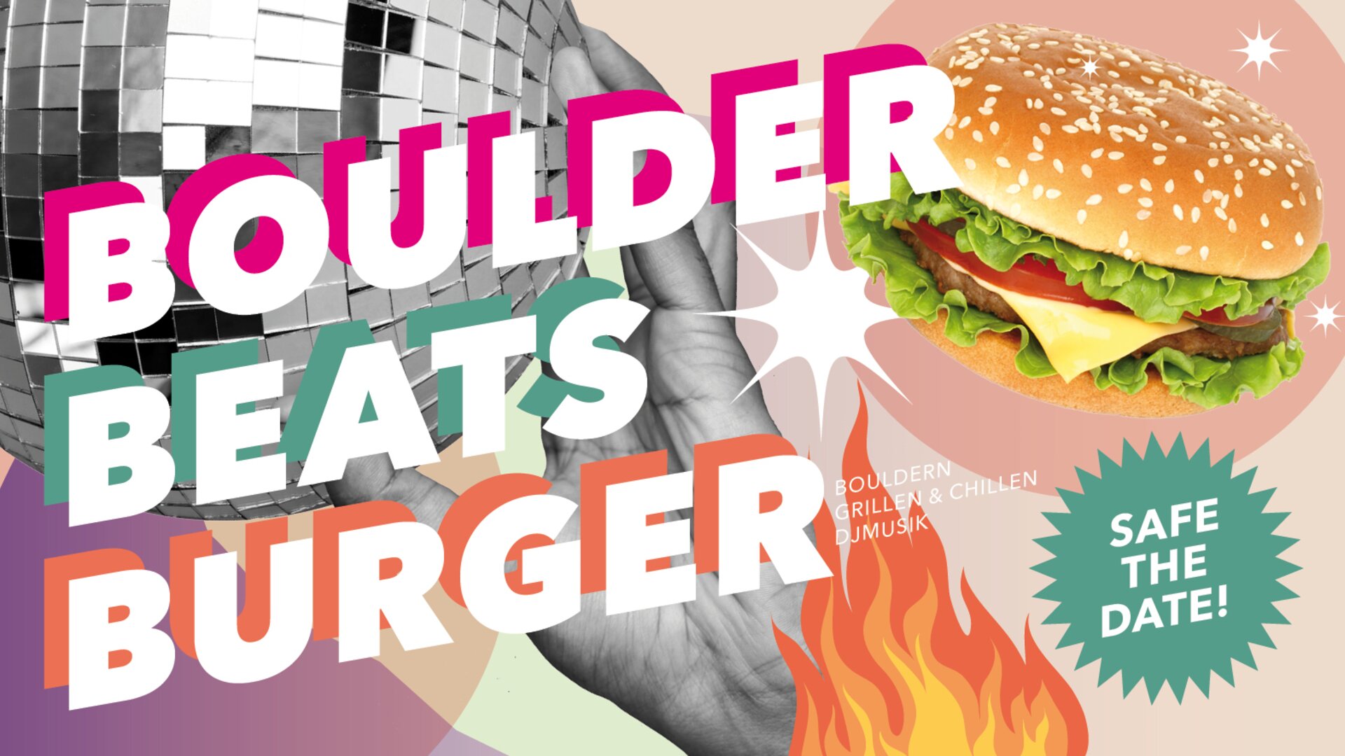 Werbung Event Boulder Beats Burger I Kletterarena | © diekletterarena Burger mit Hand und Diskokugel | © diekletterarena